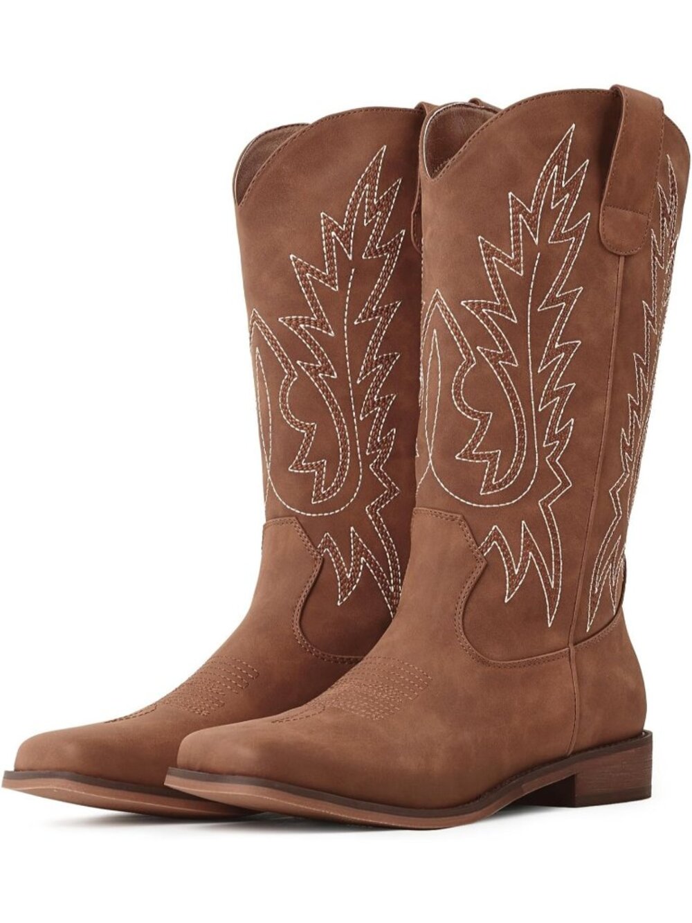 Women's Boots Mid Calf Dark Brown Rubber Square Toe Solid Embroidered Stitched